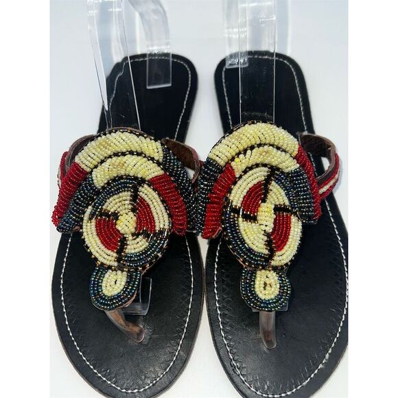 Handmade African Beaded, Leather Maasai Sandals Multicolor Size 9.5 approx. - Picture 8 of 11